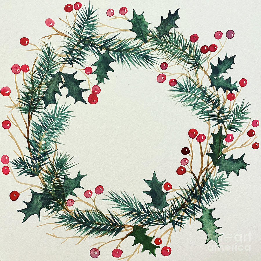 Evergreen and Holly Wreath Painting by Lisa Neuman