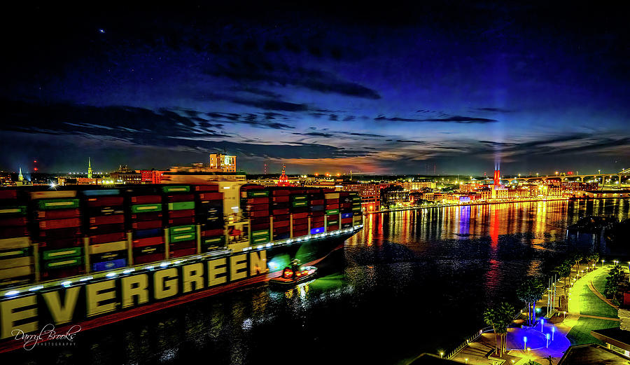 Evergreen Freighter at NIght Photograph by Darryl Brooks