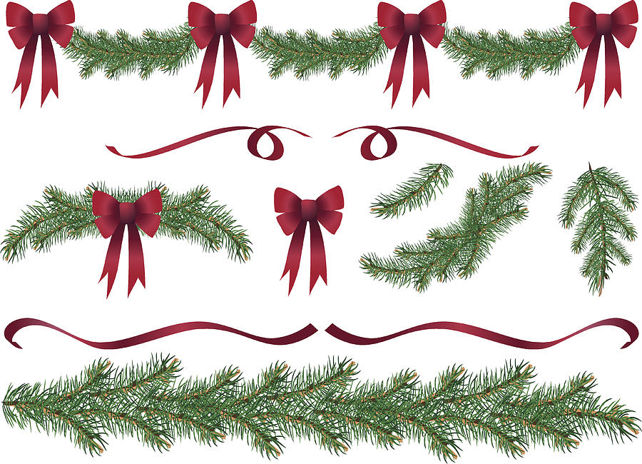 Evergreen Garland Swags and Design Elements Clipart with Red Bows Drawing by Diane Labombarbe