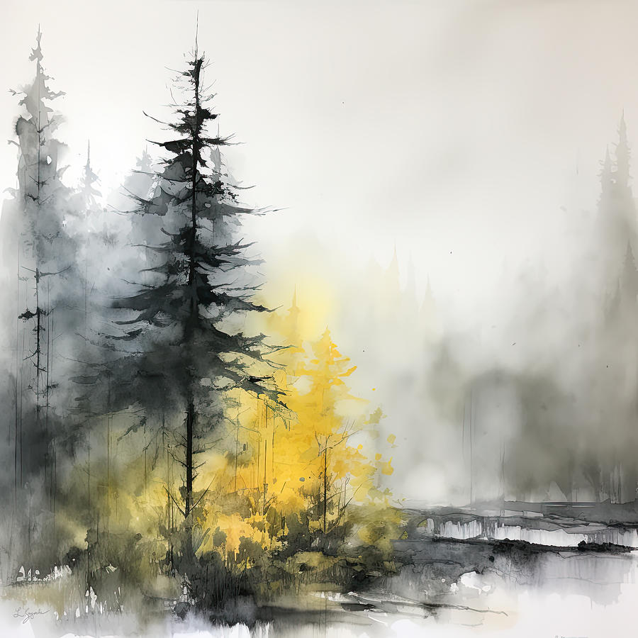 Evergreen in a Misty Landscape - Evergreen Artwork Painting by Lourry Legarde