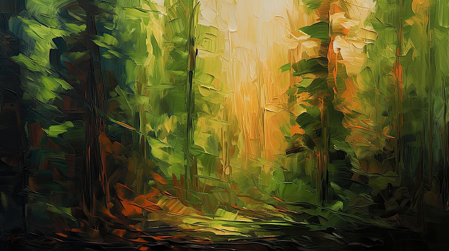 Green Painting - Evergreen Sunset Paintings by Lourry Legarde