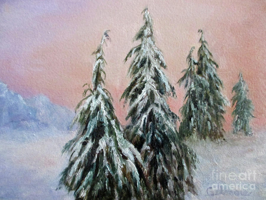 Evergreens in Snow Painting by Roseann Gilmore