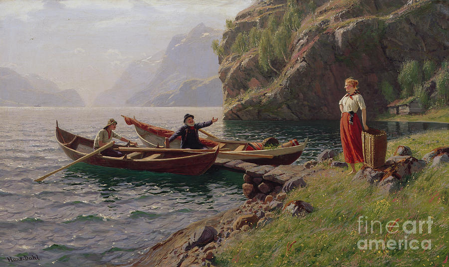 Everyday life in fjord landscape Painting by O Vaering by Hans Dahl