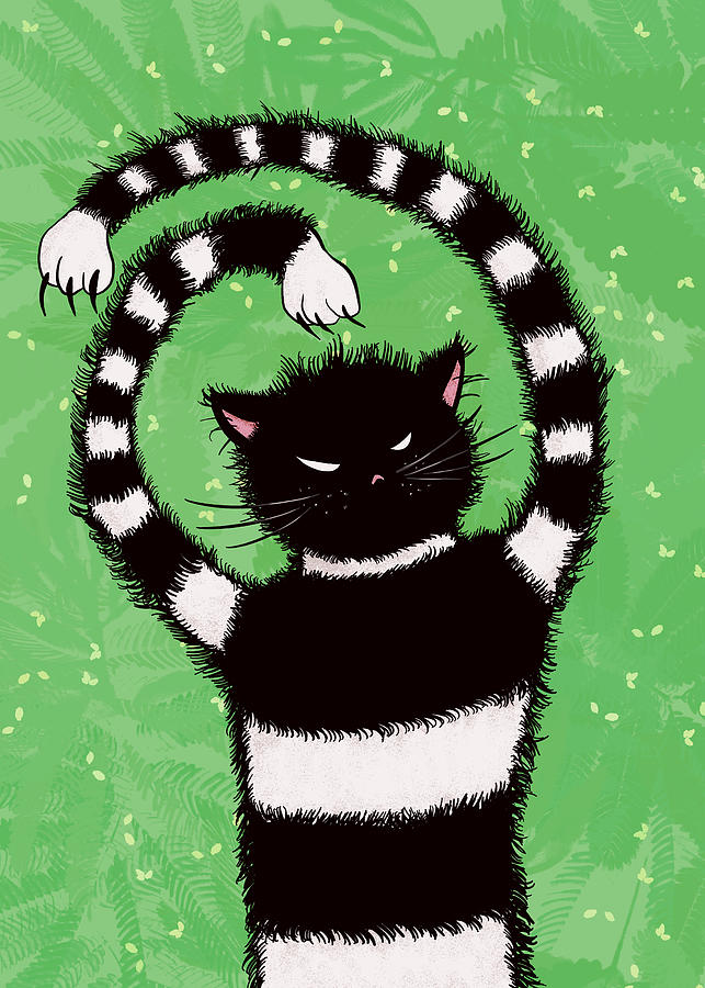 Evil Kitty Chasing Flies In Green Leaves Cat Lover Digital Art