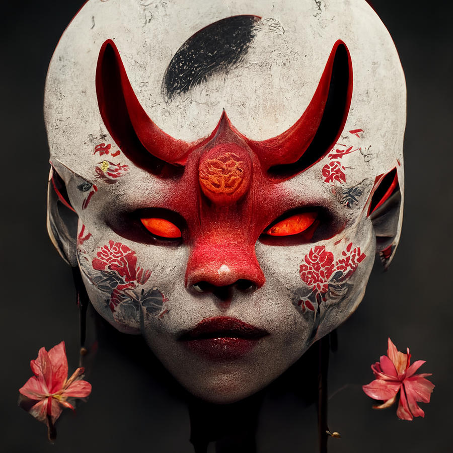 Evil  Red  Hannya  Mask  On  The  Ground  Cherry  Bloss  E739b97d  E06a  4754  B408  1c03562e05b0 By Painting by Celestial Images