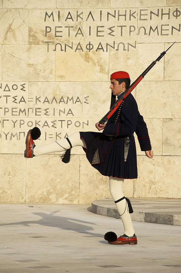 Evzone (Parliament House guard) marching before the Tomb of the Unknown Soldier during the Changing of the Guard ceremony. Photograph by Craig Pershouse
