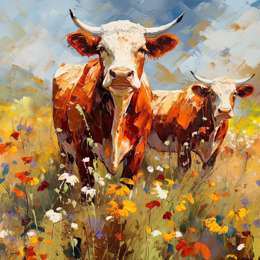 Texas Longhorns in a Field of Wildflowers Painting by Lourry Legarde