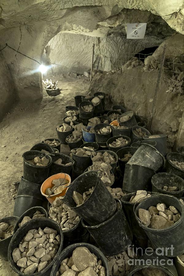 Excavated rooms and buckets of finds at the Tel Maresha archaeological dig in Beit Guvrin, Israel Photograph by William Kuta