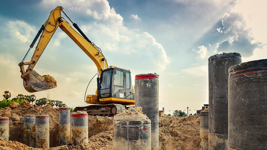 Excavator Blue Sky Heavy Machine Construction Site Soil Excavate For Foundation Work By Construction Worker Contractor For Background Construction Concept Photograph by Jung Getty