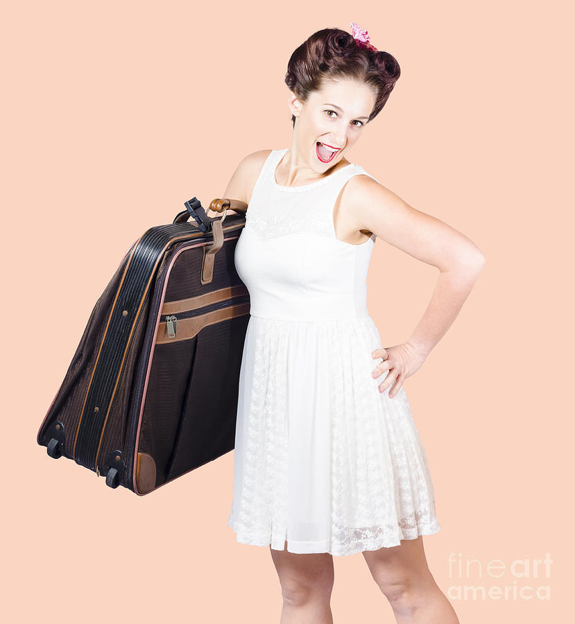Excited retro backpacking girl holding baggage Photograph by Jorgo Photography
