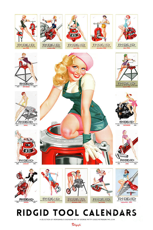 Exclusive poster collage featuring 16 memorable 1950s Ridgid Tool calendars by artist George Petty Mixed Media by Retrographs
