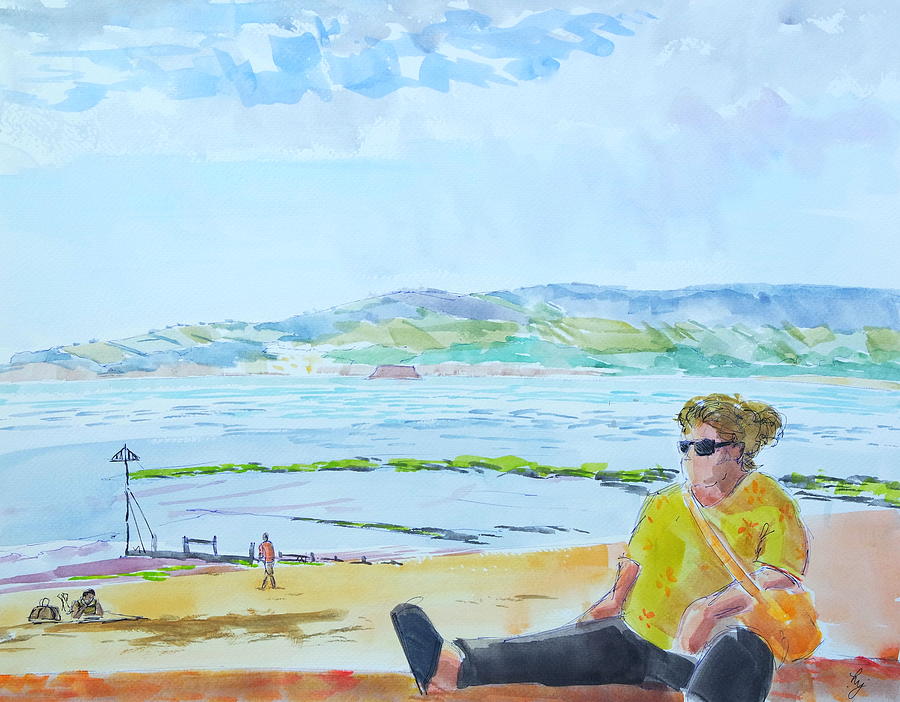 Exmouth Beach Woman Sitting On Sea Wall Painting