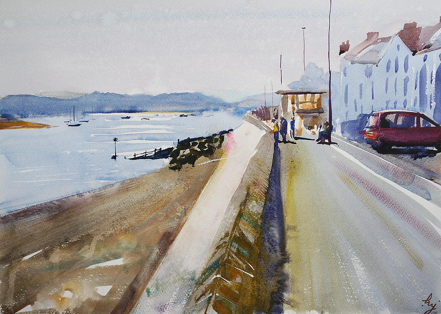 Exmouth seafront looking up River Exe past Warren watercolor painting Painting by Mike Jory