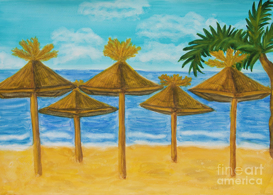 Exotic beach with umbrellas and palm Painting by Irina Afonskaya