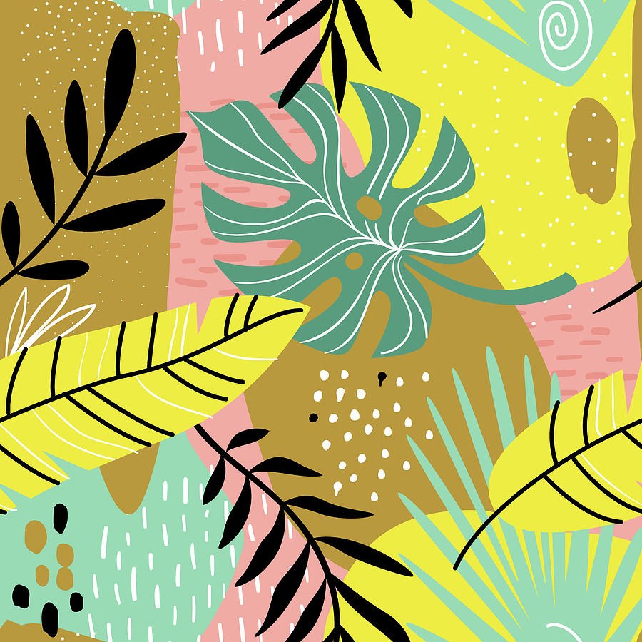 Exotic Collage. Seamless Pattern With Tropical Plants Leafs And Paint Strokes. Drawing