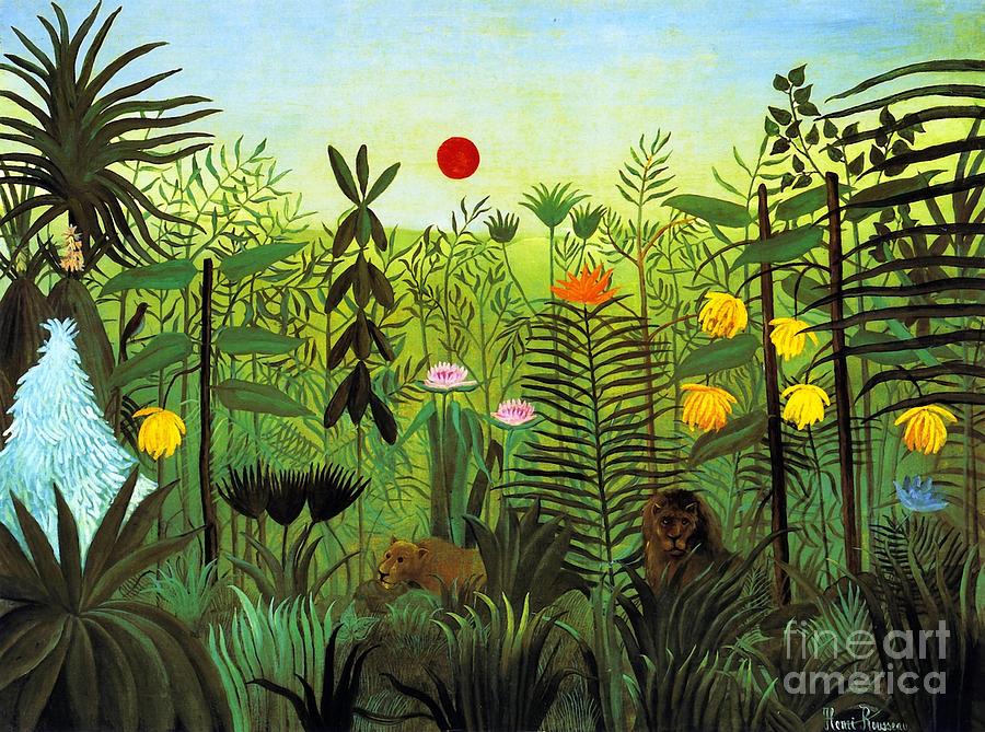 Exotic Landscape with Lion and Lioness in Africa Painting by Henri Rousseau