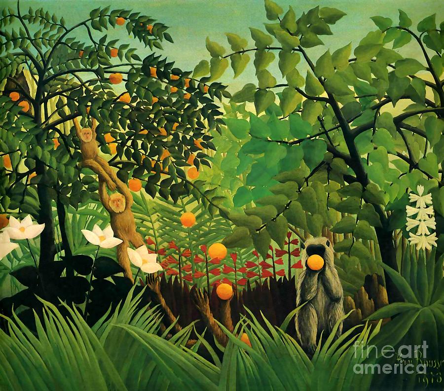 Henri Rousseau Painting - Exotic landscape with orange trees and monkeys by Henri Rousseau