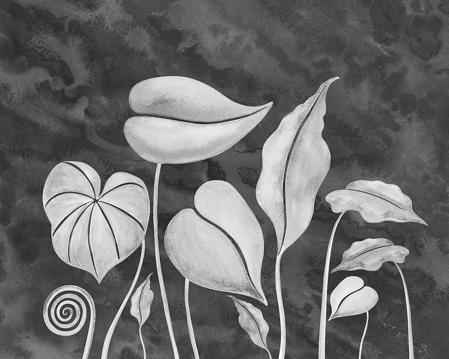 Exotic Leaves Of Paradise In Deep Gray Watercolor  Painting by Irina Sztukowski