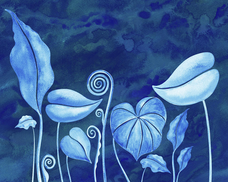 Exotic Leaves Of Paradise Ultramarine And Sky Blue Watercolor Painting by Irina Sztukowski
