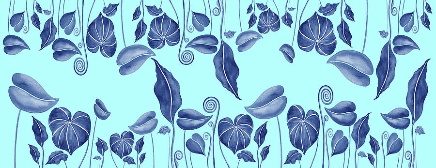 Exotic Tropical Watercolor Leaves On Baby Blue Pattern Painting