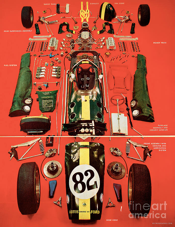 Exploded view of the Jim Clark Indy winning Lotus Photograph by Retrographs