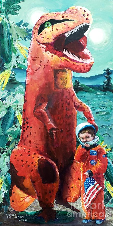 Exploring Planet Zucchini, Astro-Boy and his faithful T-Rex companion Painting by Merana Cadorette