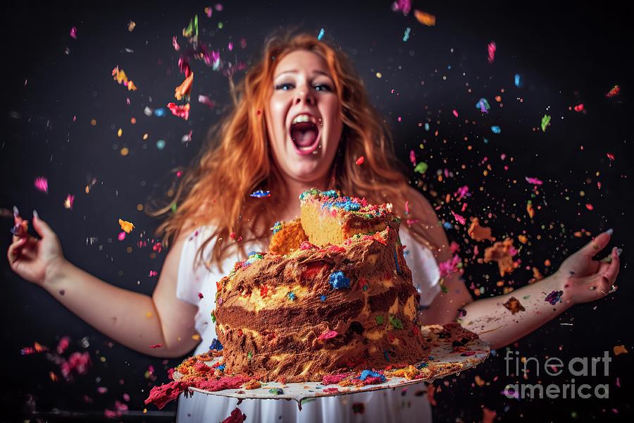 Explosion of flavors of a sweet cake, which splashes on a young obese woman, generated by AI, fictio Photograph by Joaquin Corbalan