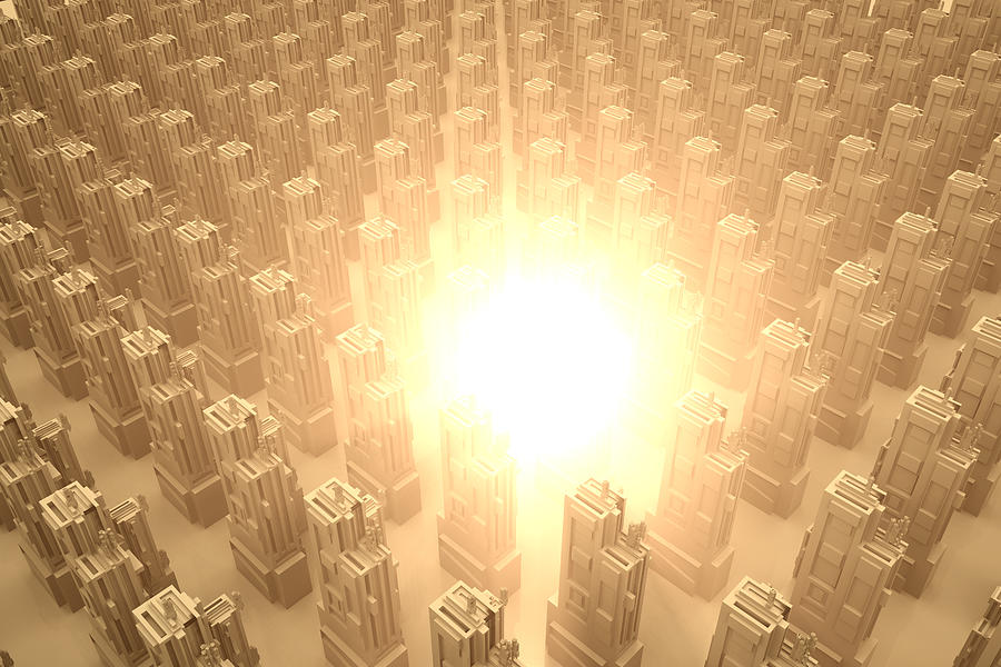 Explosion or energy burst in a conceptual city, 3D Rendering Drawing by Westend61