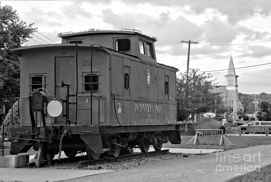 Export PA St Mary Our Lady of Lourdes Church Behind The Caboose Black And White Photograph by Adam Jewell