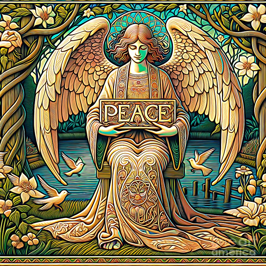 Expressionist Arts and Crafts Movement Angel of Peace in a Garden for Charity Digital Art by Rose Santuci-Sofranko
