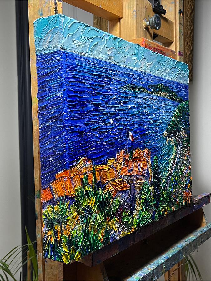 Tree Painting - Village of Eze - 3D canvas painted edges left side by Mona Edulesco