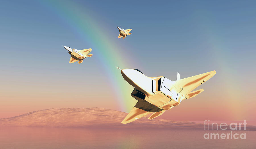 F-22 Fighters with Rainbow Digital Art by Corey Ford