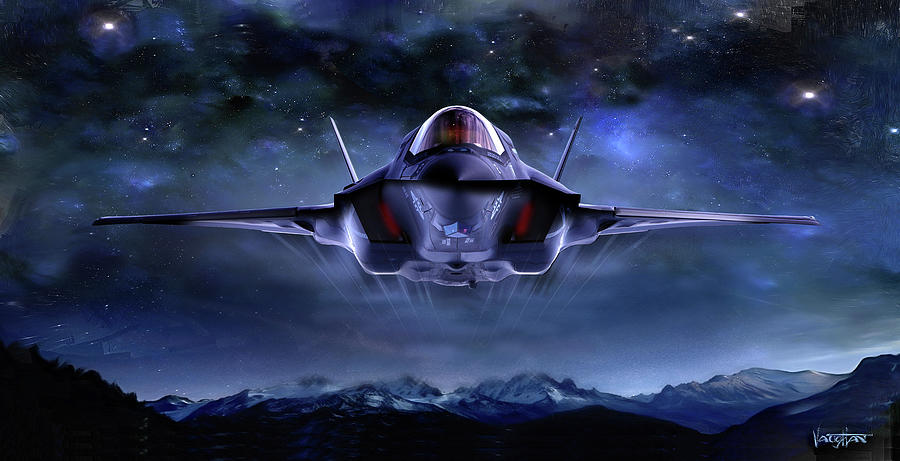 F-35 head on mountains night Digital Art by James Vaughan