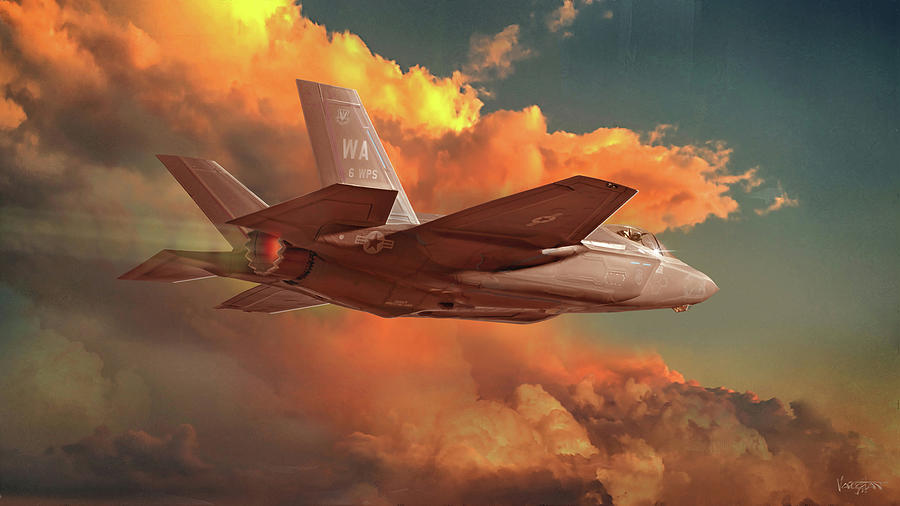 F-35 jet fighter skirting sunset thunderhead Digital Art by James Vaughan