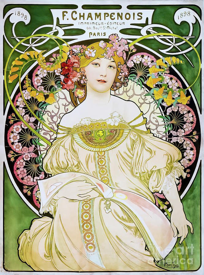 F Champenois Paris Poster 1898 by Alphonse Mucha Drawing by M G Whittingham
