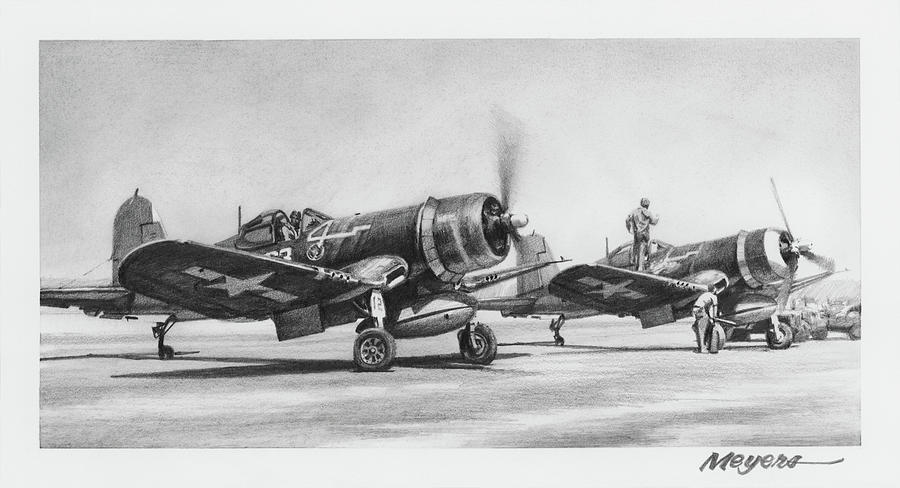 F4u Drawing - F4U Corsairs on Guam by Wade Meyers