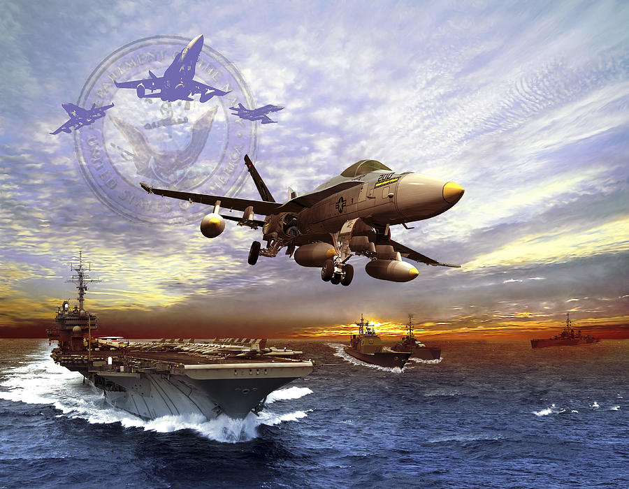F/A-18 Hornet taking off of a U.S. Navy aircraft carrier. Drawing by Kurt Miller/Stocktrek Images