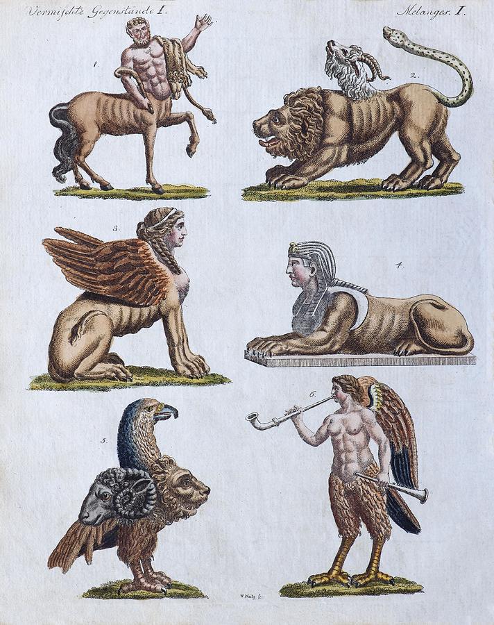 Fabulous animals, hand-colored copper engraving from Friedrich Justin Bertuch Picture book for children, Weimar 1792 Drawing by Olaf Kruger