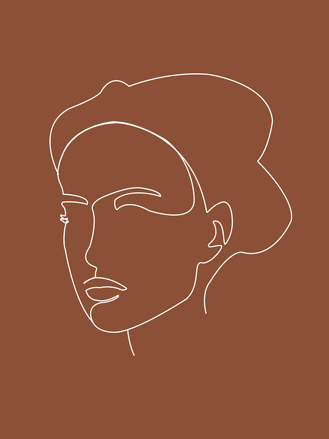 Face 01 - Abstract Minimal Line Art Portrait Of A Girl - Single Stroke Portrait - Terracotta, Brown Mixed Media