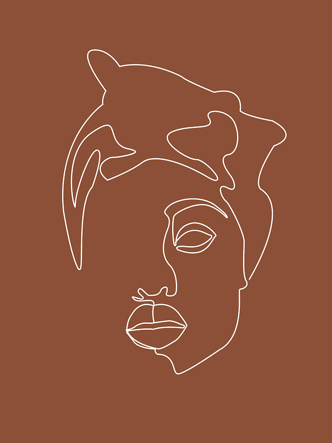 Face 04 - Abstract Minimal Line Art Portrait Of A Girl - Single Stroke Portrait - Terracotta, Brown Mixed Media