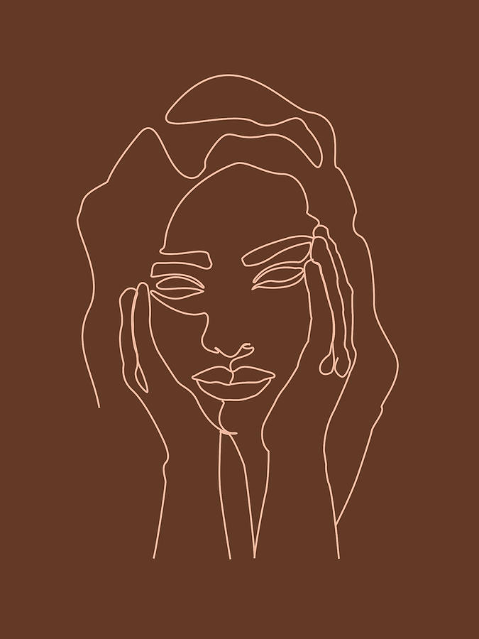 Greek Mixed Media - Face 05 - Abstract Minimal Line Art Portrait of a Girl - Single Stroke Portrait - Terracotta, Brown by Studio Grafiikka