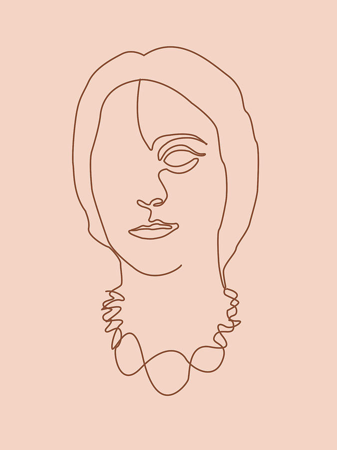 Face 06 - Abstract Minimal Line Art Portrait Of A Girl - Single Stroke Portrait - Terracotta, Brown Mixed Media