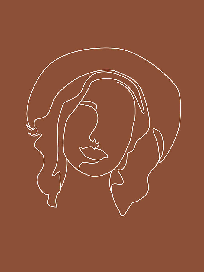 Face 07 - Abstract Minimal Line Art Portrait Of A Girl - Single Stroke Portrait - Terracotta, Brown Mixed Media