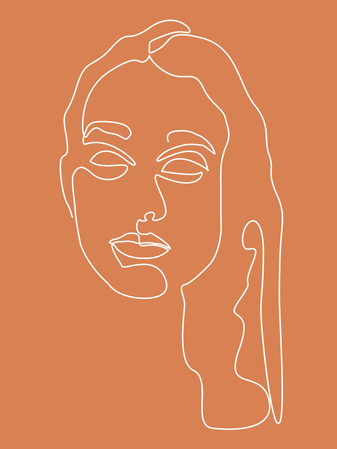 Face 08 - Abstract Minimal Line Art Portrait Of A Girl - Single Stroke Portrait - Terracotta, Brown Mixed Media