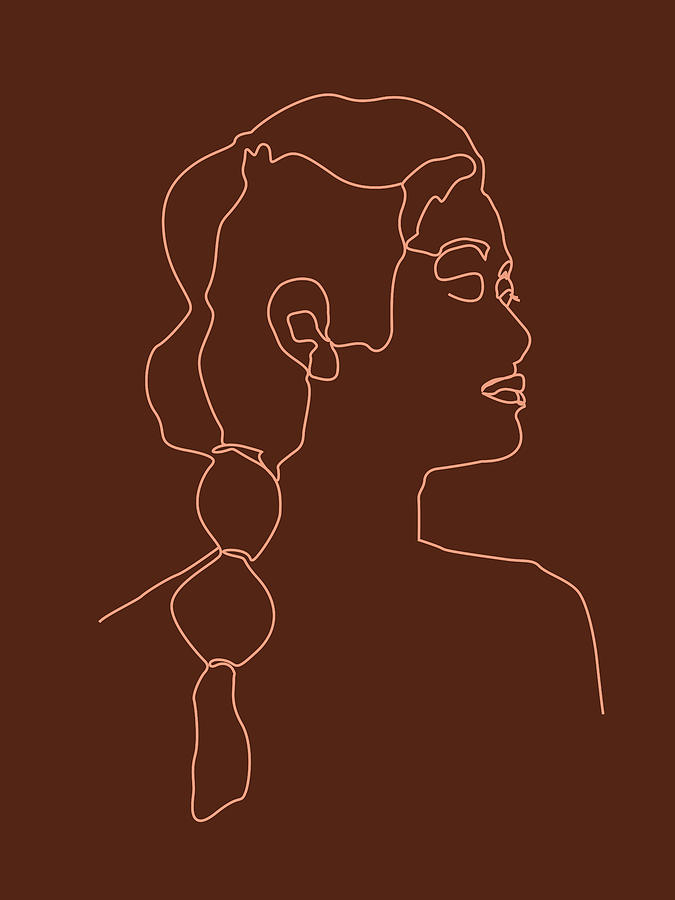 Face 10 - Abstract Minimal Line Art Portrait Of A Girl - Single Stroke Portrait - Terracotta, Brown Mixed Media