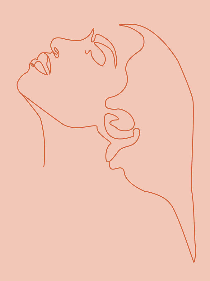 Face 11 - Abstract Minimal Line Art Portrait Of A Girl - Single Stroke Portrait - Terracotta, Brown Mixed Media