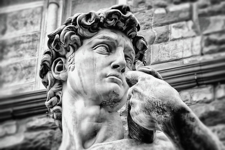 Face of David by Michelangelo Florence Italy Black and White  Photograph by Carol Japp