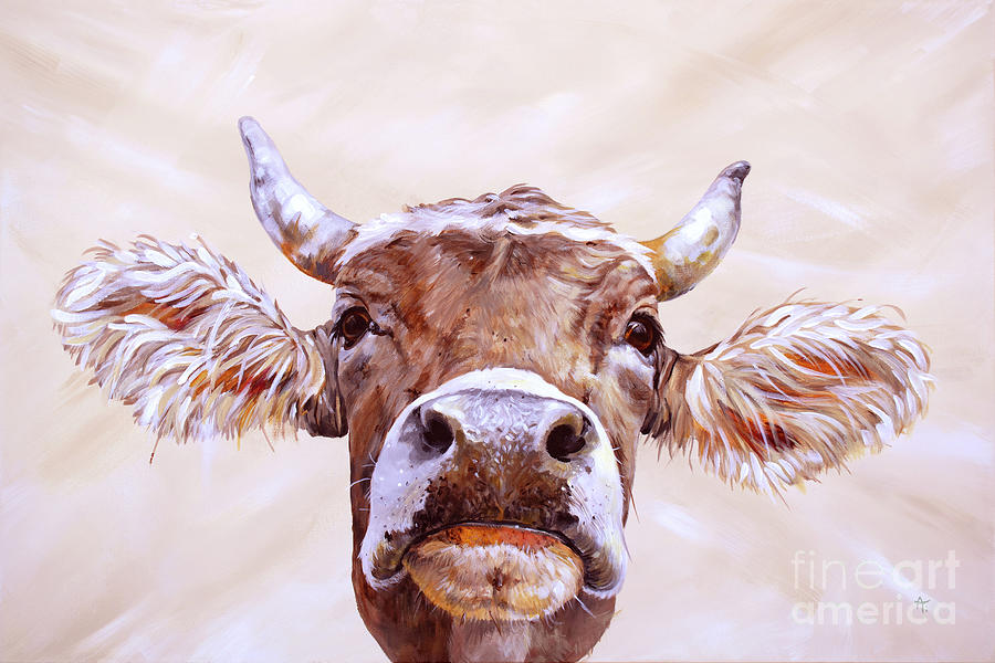 Face Time - Brown Swiss Cow  Painting by Annie Troe