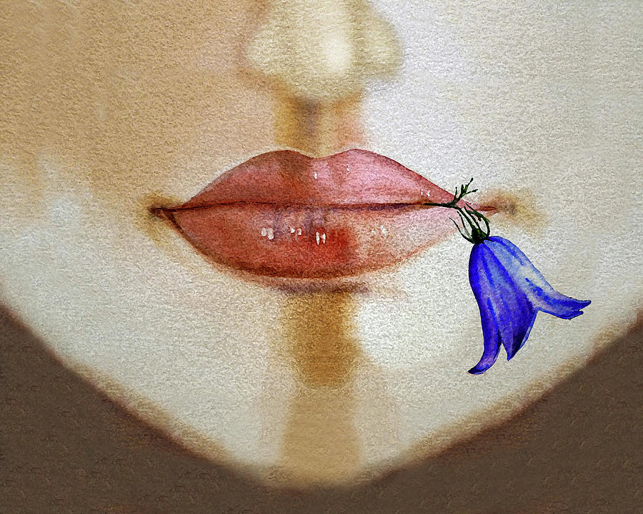 Face With Lips Nose And Blue Bell Flower Watercolor Painting by Irina Sztukowski