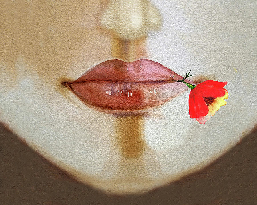 Face With Lips Nose And Red Poppy Flower Watercolor Painting by Irina Sztukowski
